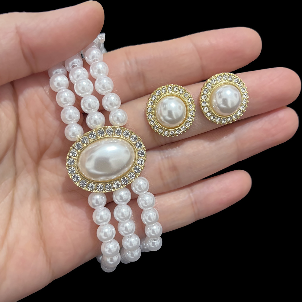 Light Luxury Simple Retro Oval Super Flash Pearl Bridal Necklace Women's French Style Dress Wedding Dress Performance Chain Earrings