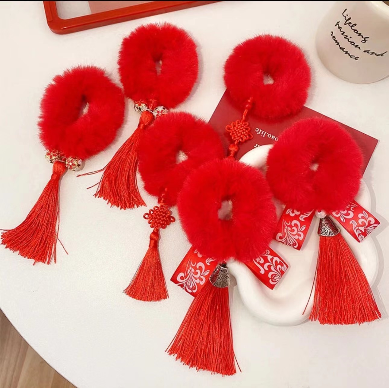 2023 new year big red imitation rabbit fur chinese style hair ring new year children‘s han chinese costume fur ball headdress factory wholesale