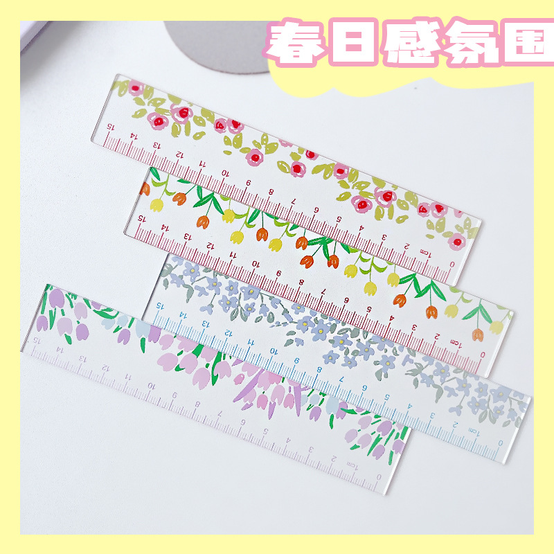 Korean Ins Oil Painting Cute Flowers Acrylic Ruler Student Office Drawing Measuring Ruler Cartoon Stationery Wholesale