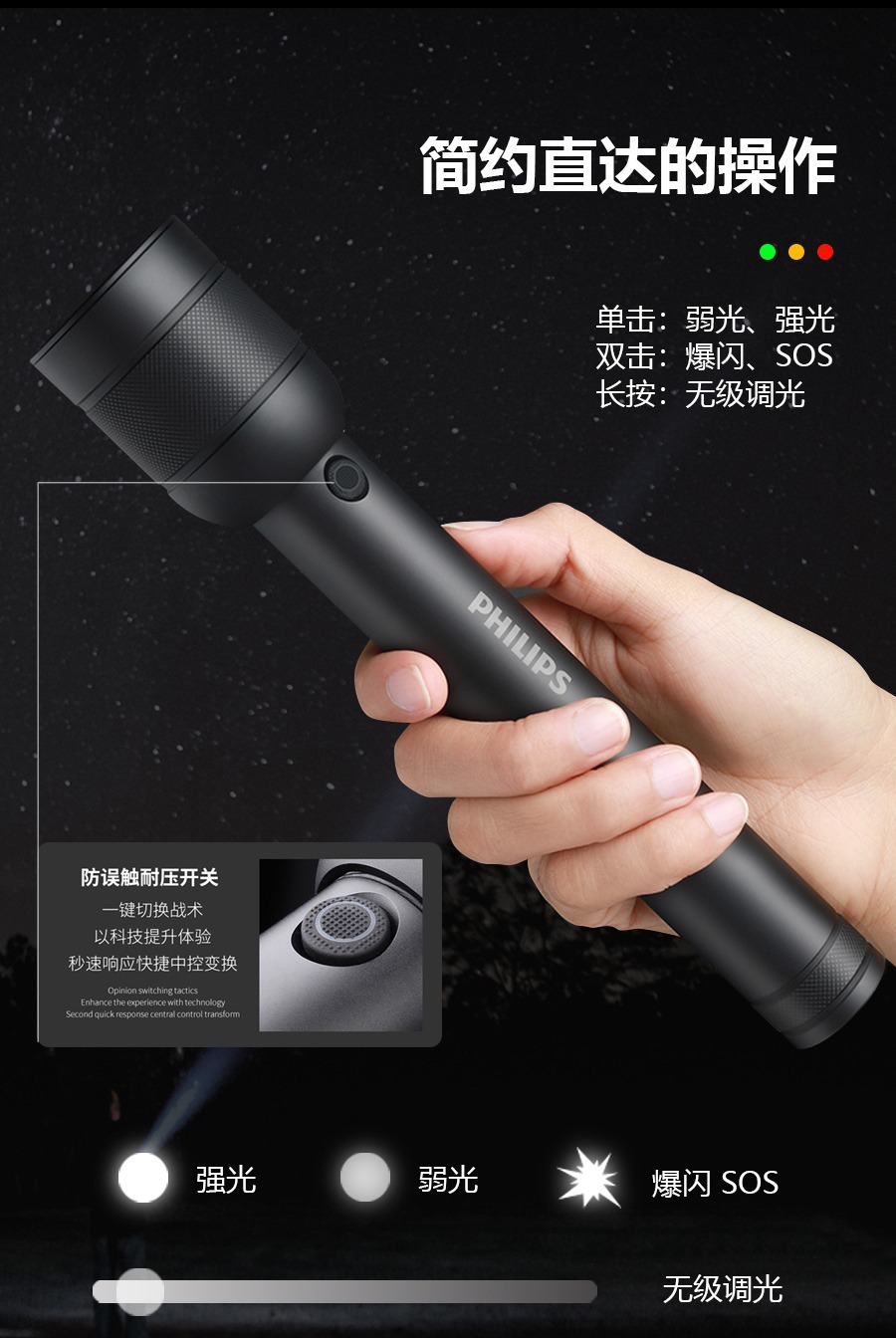 飞利浦sfl8266强光手电筒 充电便携家用户外应急防水手电筒批发
