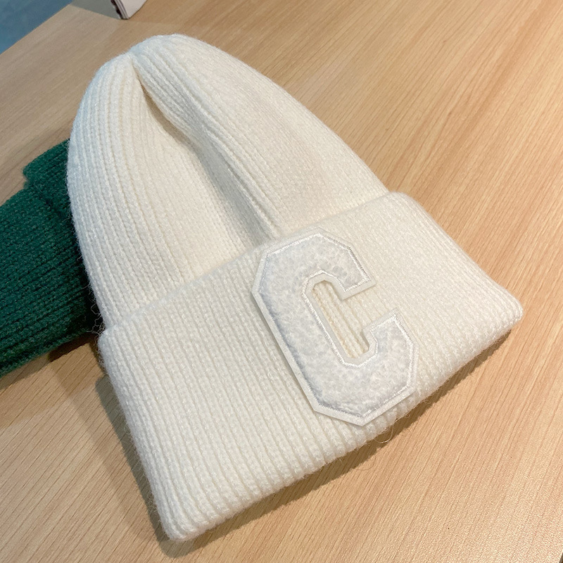 c字母帽子女春秋冬ins潮毛线帽棉帽线帽白色月子大头围冷帽针织帽