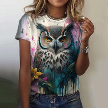 2024外贸跨境3D印花短袖女短袖T恤猫头鹰图案印花欧美外贸女装一