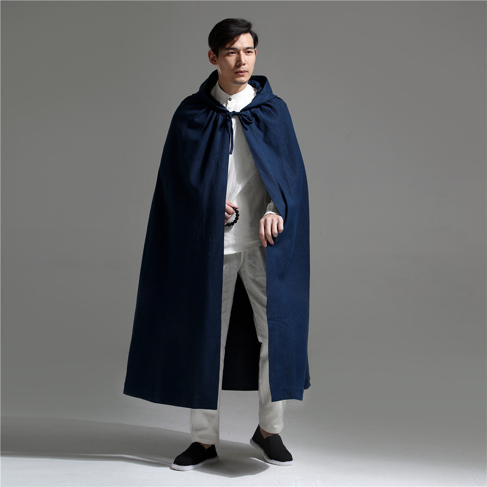 麻凡布衣 24新品 戴帽长斗篷 中国风棉麻男装 风衣 长外套 外披