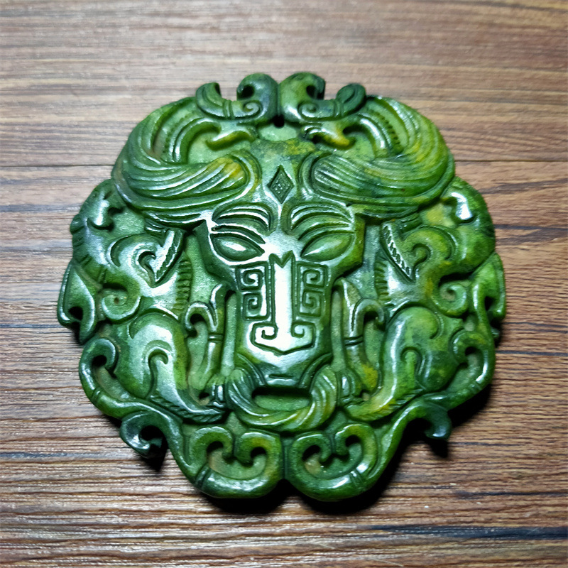 古玩杂项仿古做旧工艺品岫玉雕刻复古牛头瑞兽牌子挂件玉佩-阿里巴巴