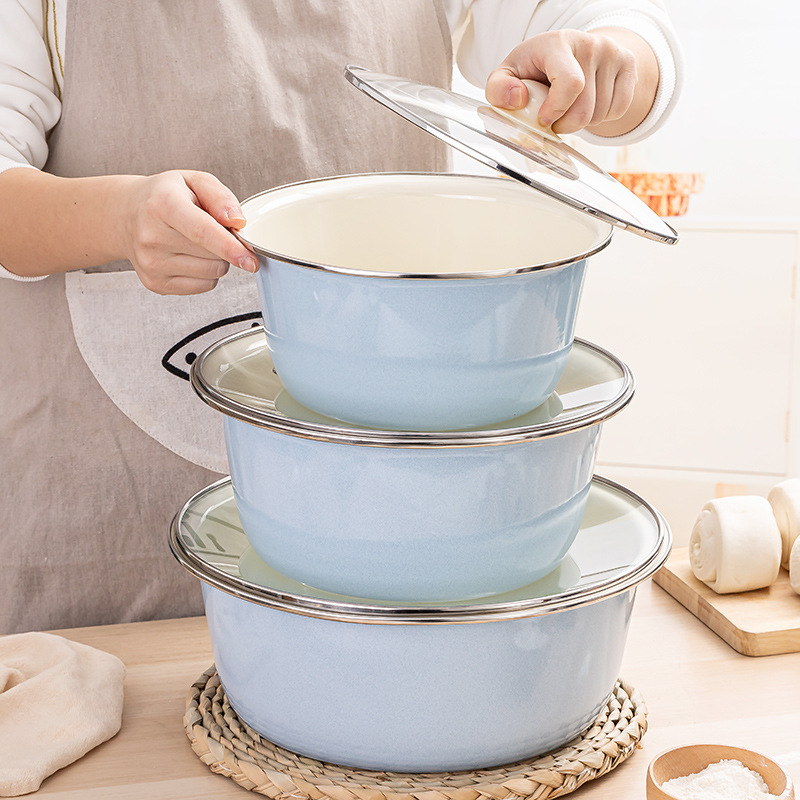 马卡龙带盖和面盆老式搪瓷盆家用厨房揉面不粘醒调发面大瓷盆