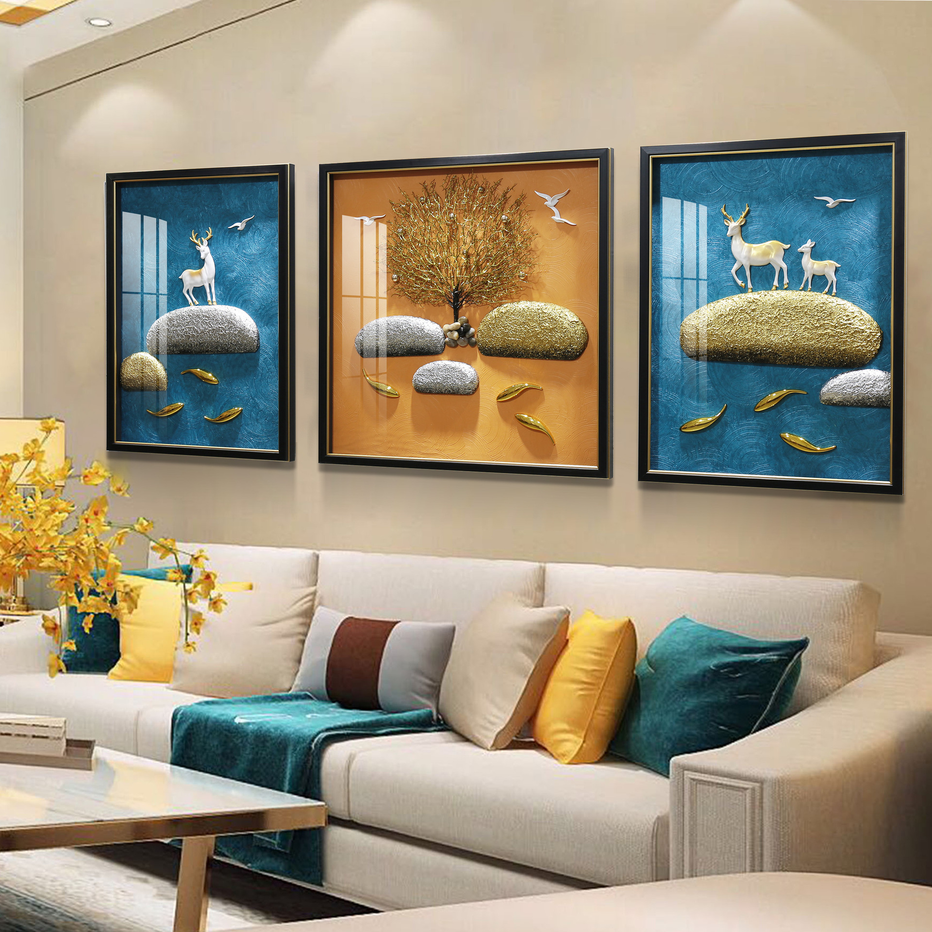 装饰画实物画现代轻奢客厅沙发背景墙餐厅立体三联壁画高档大气