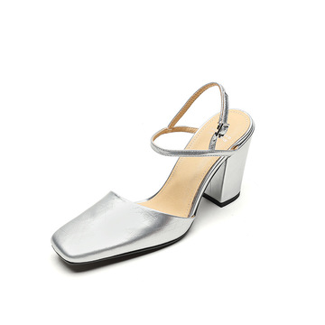 优雅女鞋新款鞋子方头粗跟高跟鞋包头后空搭扣名媛正装宴会辣妈凉