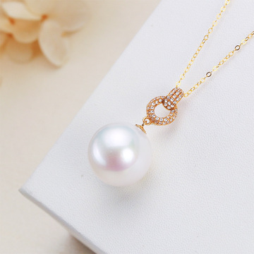 18k金环环相扣吊坠项链14mm淡水爱迪生珍珠正圆强光淡水珍珠项链