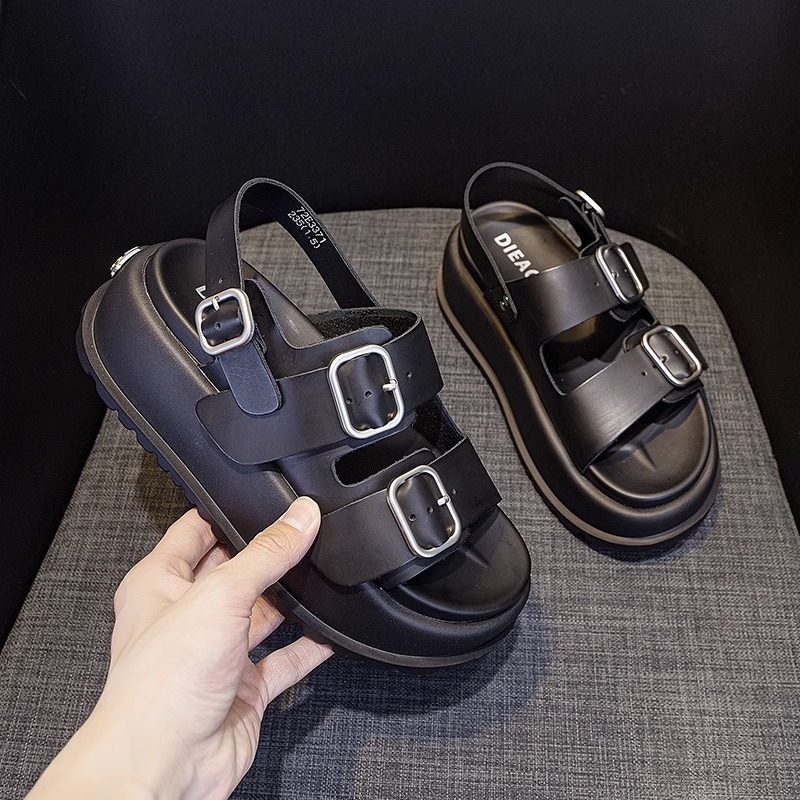 Gu Yunqi Genuine Leather Platform Roman Sandals for Women 2023 Summer New Casual Belt Buckle Beach Shoes for Women Fashion