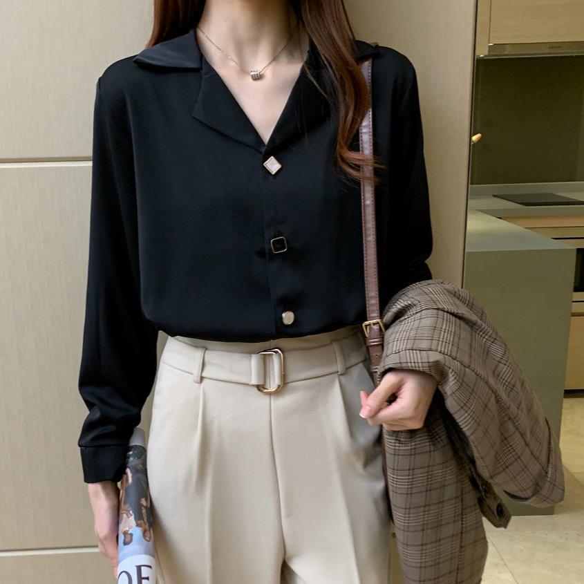 黑衬衫女设计感小众2022春夏新款长袖韩版宽松职业西装领雪纺衬衣
