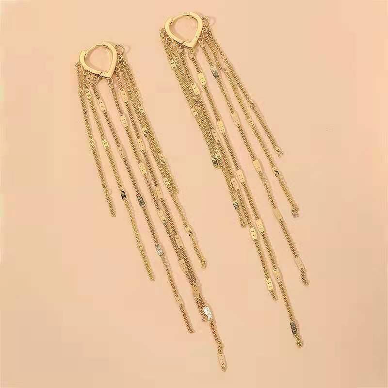 Sterling Silver Needle Retro Hong Kong Style Long Tassel Ear Clip Geometric Fashion Metal Personality Earrings