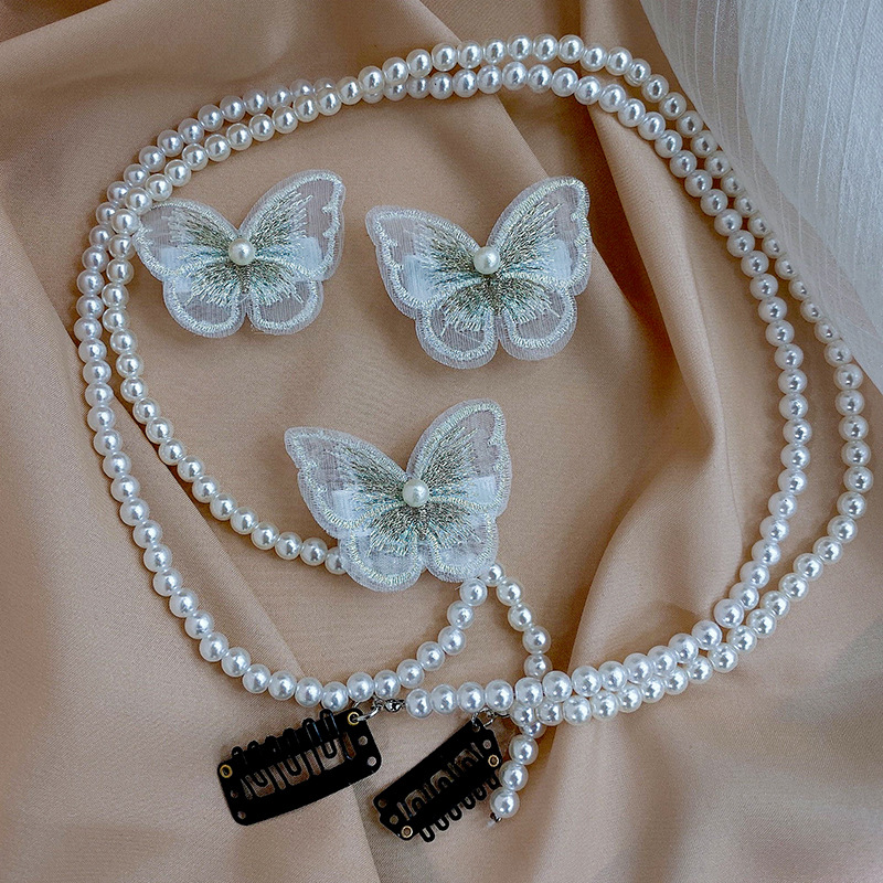 杨同款珍珠蝴蝶发带流苏发夹超仙串珠链条发卡发饰编辫发链