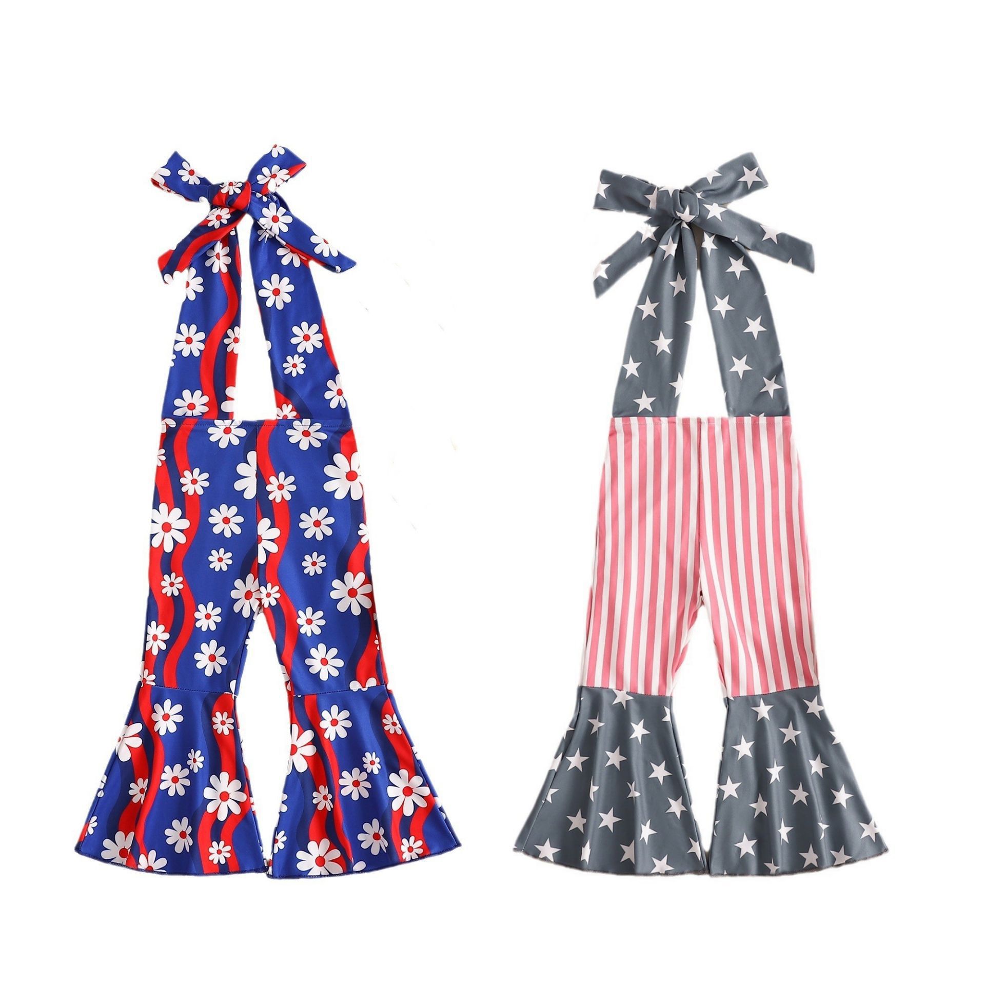 美国独立日童装2024夏季新款女童花朵条纹印花挂脖系带喇叭裤