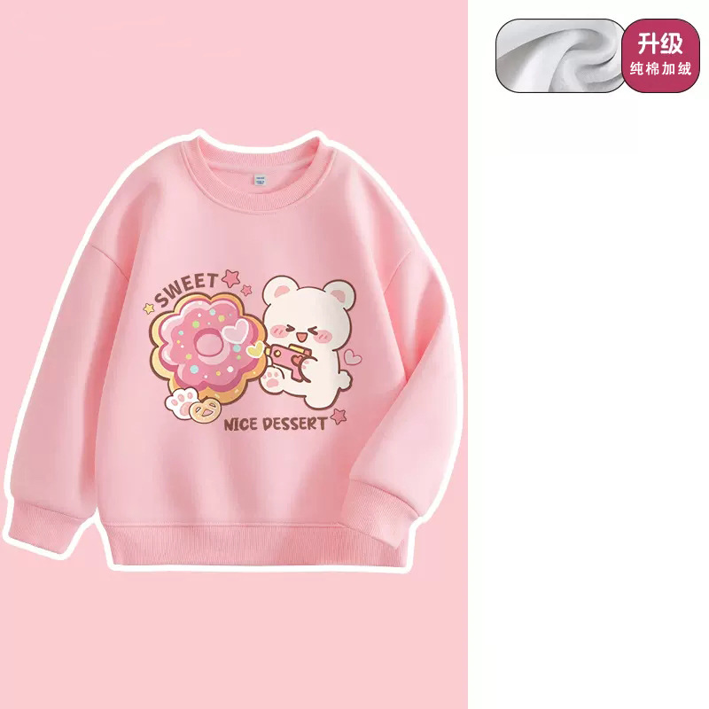 Girls' Fleece-Lined Sweater Cartoon Children's round Neck Top Children's 2023 New Printed Autumn and Winter Thick Winter Clothes