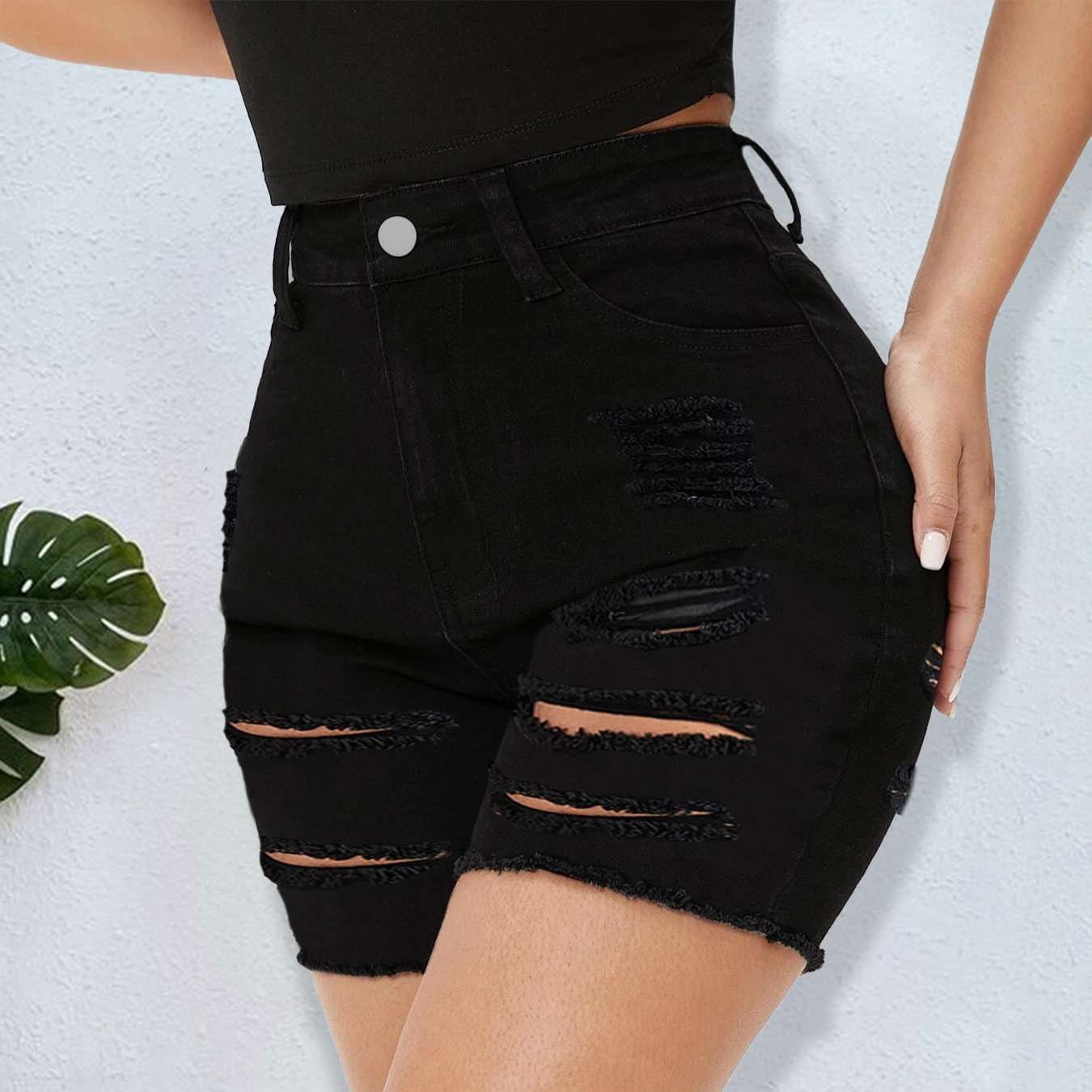 Zt60464# Foreign Trade European and American Women's Clothing Jeans Amazon AliExpress High Waist Slim Ripped Denim Shorts for Women