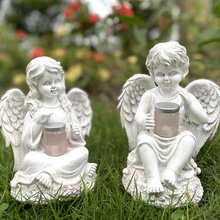 跨境白色花园少女天使摆件家居庭院太阳能少男树脂装饰雕像工艺品