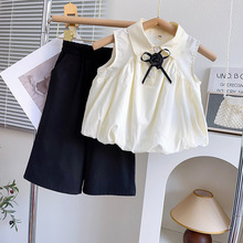女童法式小香风套装夏季新款花苞无袖衬衫两件套送蝴蝶结AXA355
