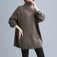 实拍冬季韩版大码休闲高领针织衫 显瘦竖条高领毛衣