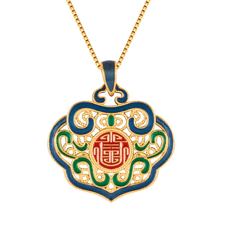 福字铃铛吊挂坠景泰蓝沙金古法传承烧蓝古风平安长命锁吊坠毛衣链