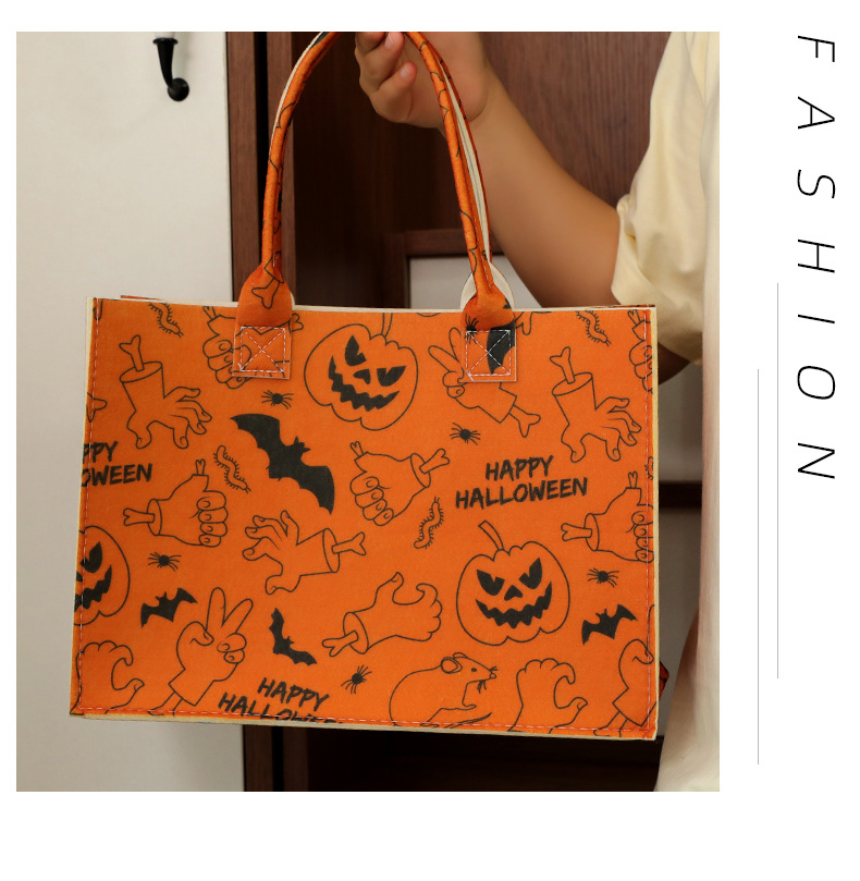 Halloween Felt Tote Bag All-Match Open Shoulder Bag Large-Capacity Shopping Handbag Painted Pumpkin Felt Bag