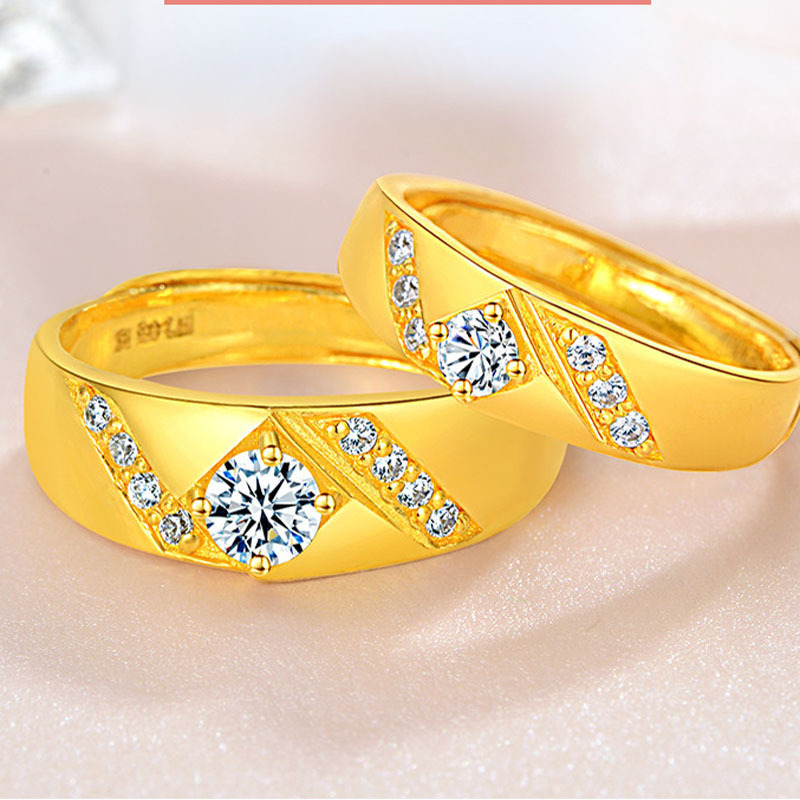 韩版热卖情侣对戒菱形镀黄金一对结婚新年情人节礼物镶钻菱形戒指
