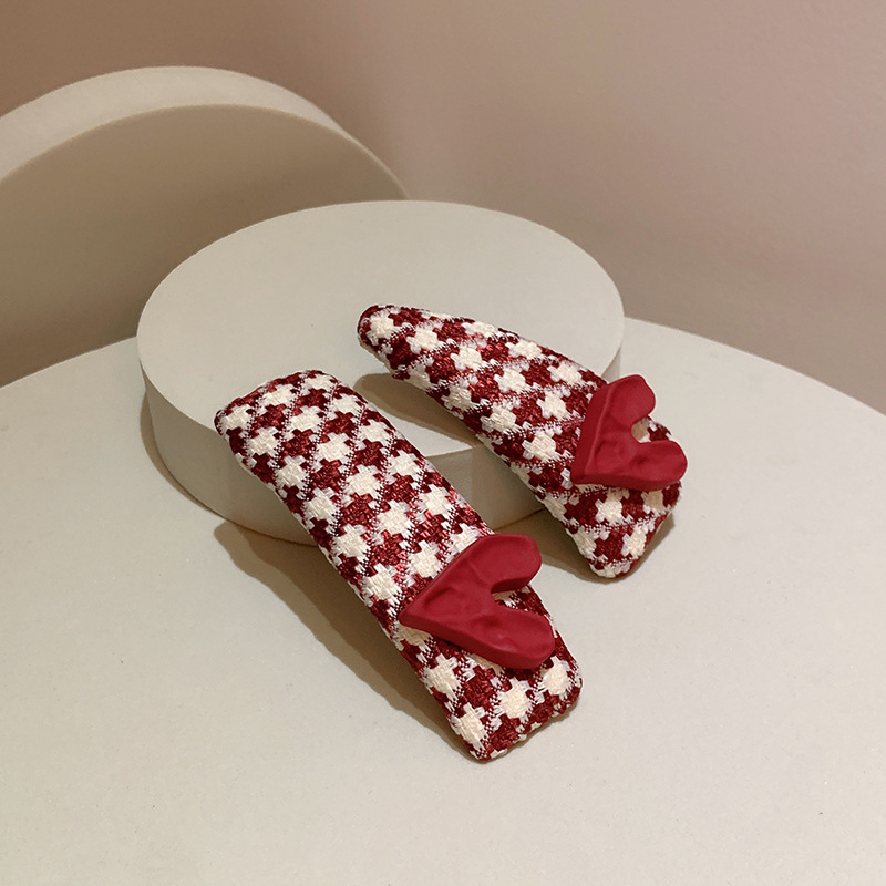 New Year Red Hair Accessories Artistic Retro Houndstooth Wine Red Shaped Heart Geometric Sponge BB Clip Cute Girl Side Clip