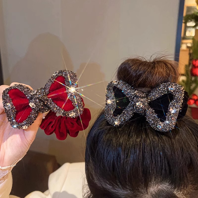 Black Velvet Rhinestone Bow Large Intestine Hair Band Women's Fashionable Exquisite Ponytail Rubber Band New High-Grade Hair Rope