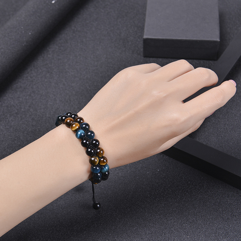 Cross-Border Hot Sale 8mm Blue Tigereye Black Magnet Bracelet Double-Layer Hand-Woven Black Agate Double-Row Bracelet for Men