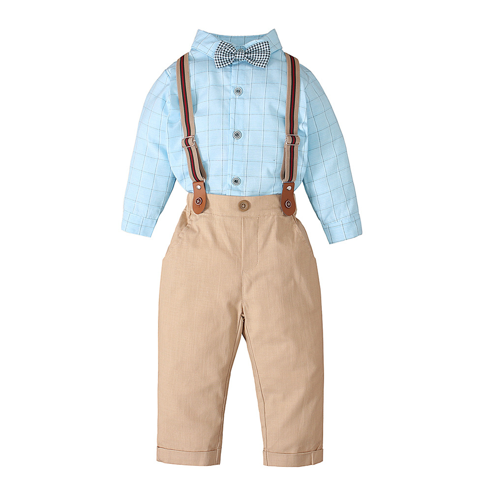 儿童英伦春秋季绅士男童蝴蝶结翻领长袖衬衫 长裤 背带三件套童装