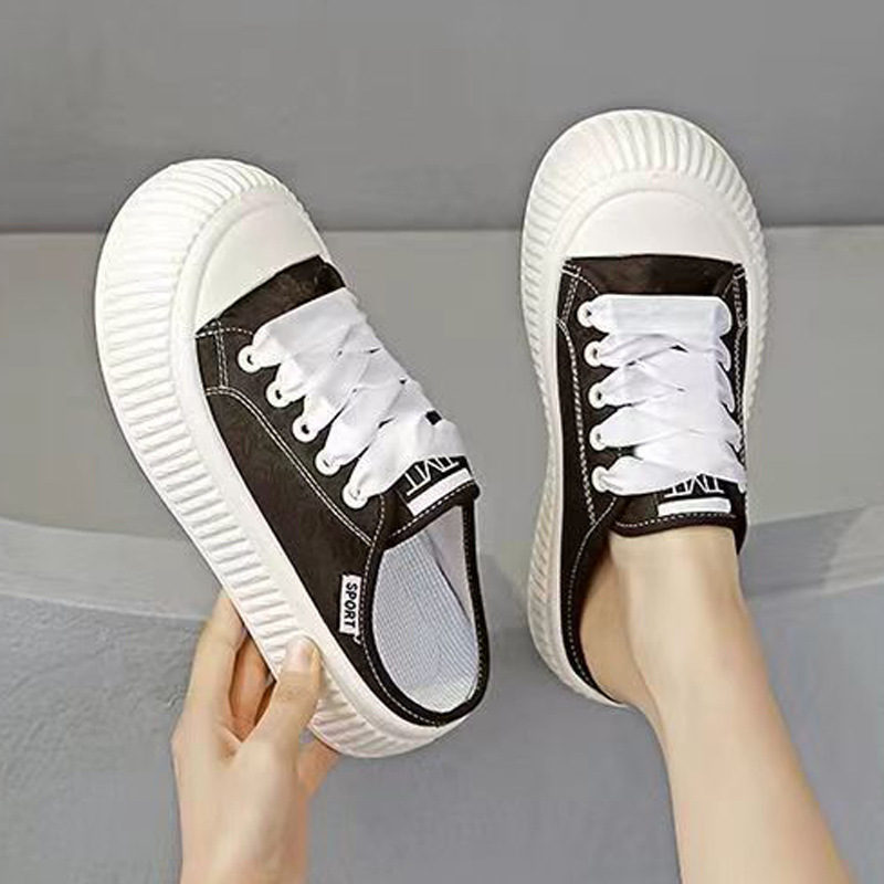 包头半拖帆布鞋女2024年新款夏季薄款懒人一脚蹬板鞋脚踩鞋小白鞋