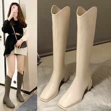 长筒靴女2023秋冬新款韩版方头高筒靴后拉链高跟骑士靴女一件代发
