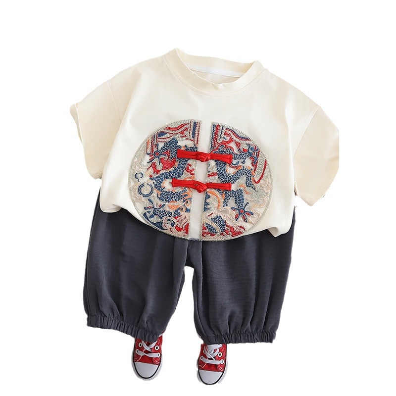 Baby Boy Summer Clothes Suit Western Style Boys' Short Sleeve New Chinese Style Machine Embroidery Two-Piece Set Clothes for Babies Small Children's Clothing