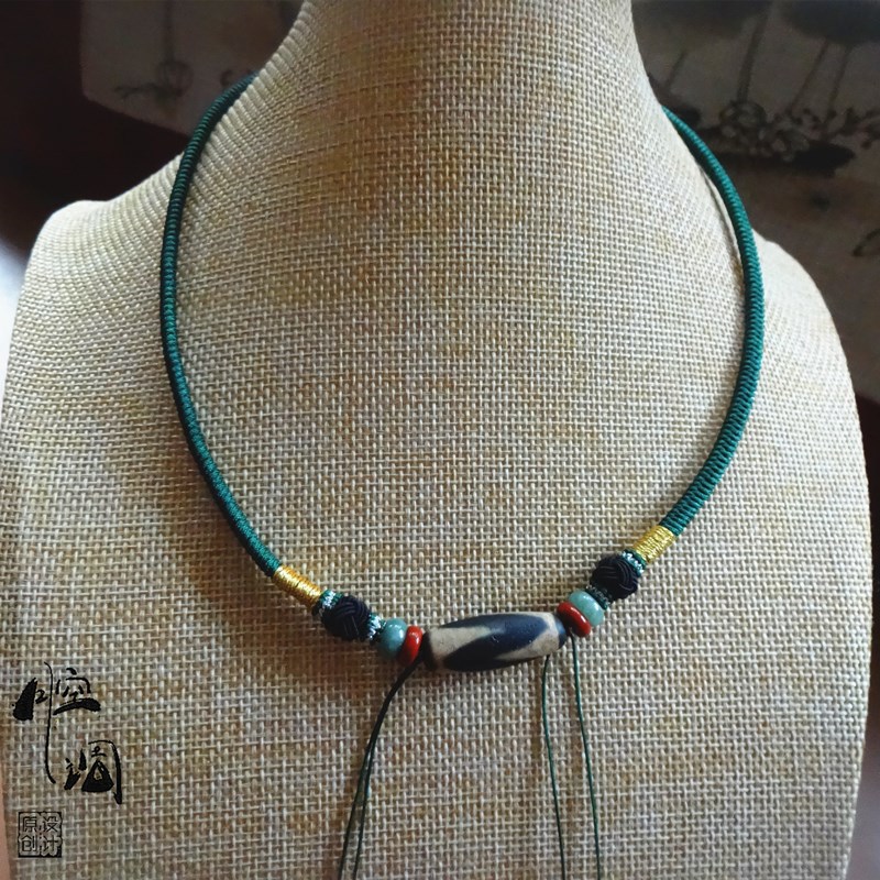 原创设计手工编织项链绳天珠横穿锁骨绳吊坠绳子挂脖男士女款简约