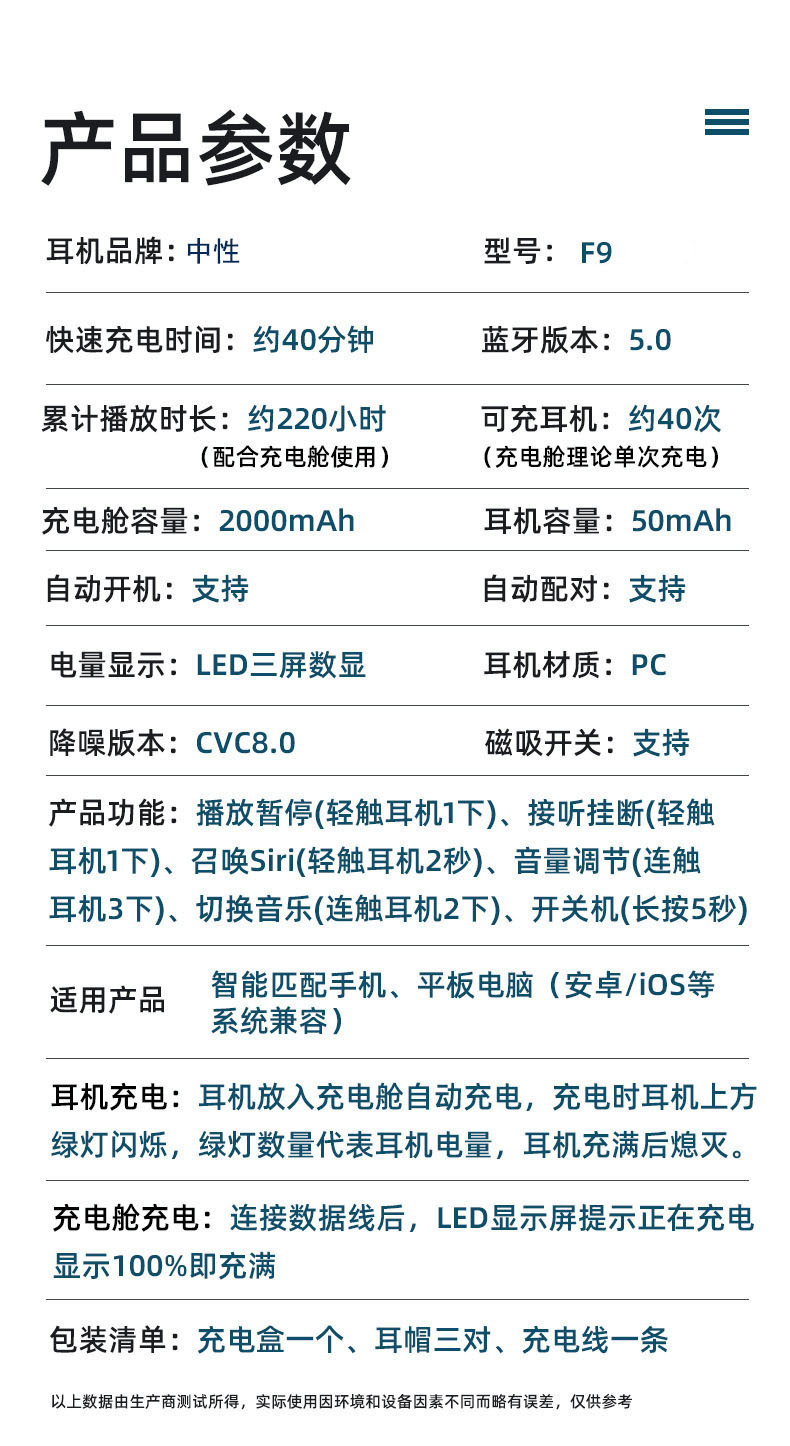 跨境爆款f9无线蓝牙耳机双耳通话5.0入耳式数显触控运动 厂家直销