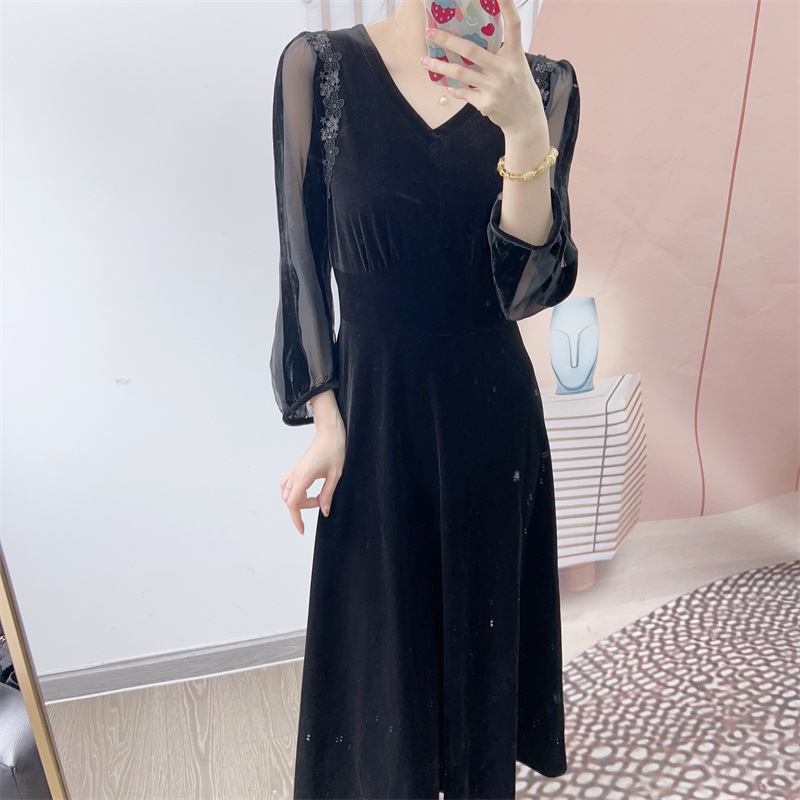 秋品牌专柜新汉派时尚气质通勤丝绒v领显瘦中长连衣裙156-阿里巴巴