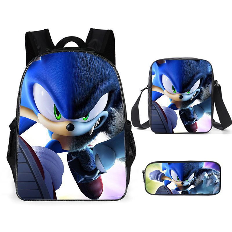 Cross-Border Hot Selling Sonic Elementary School Student Schoolbag Three-Piece Set Cartoon Animation Backpack Shoulder Bag Pencil Case