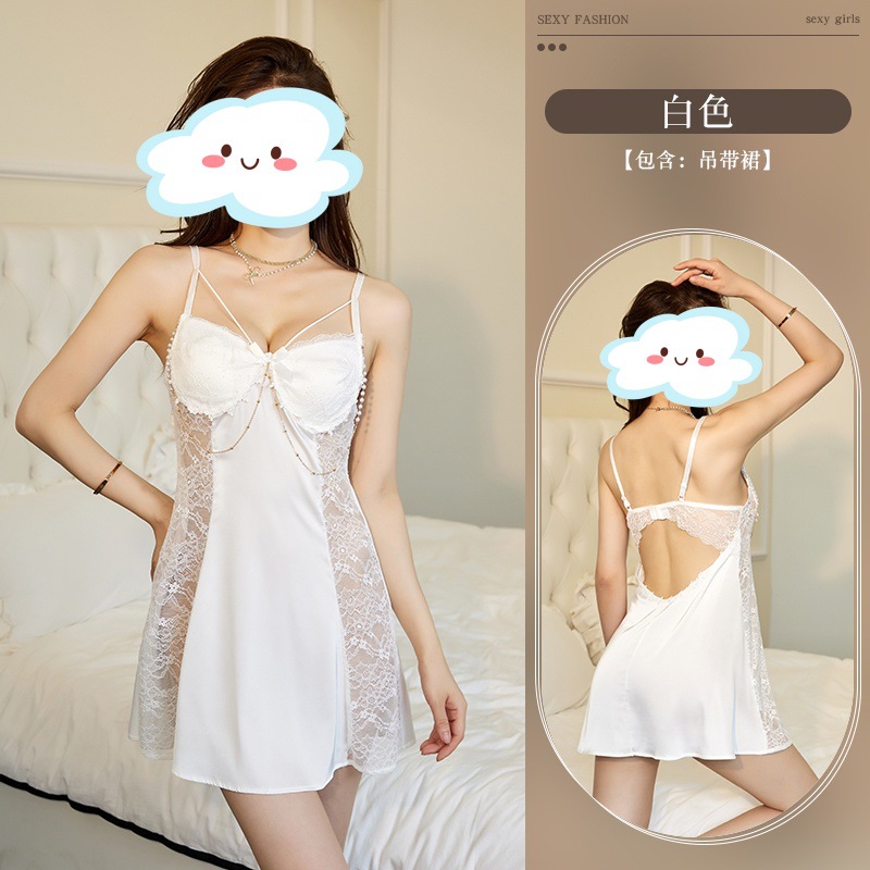 Sexy Lingerie Sexy Hot Girl Pearl Chain Slip Nightdress Lace See-through Backless Temptation Nightclub Girl Pajamas