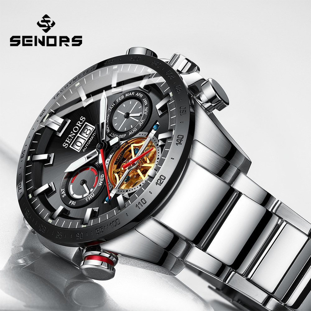 赛娜斯senors爆款不锈钢全自动机械表陀飞轮防水男士腕表sn200