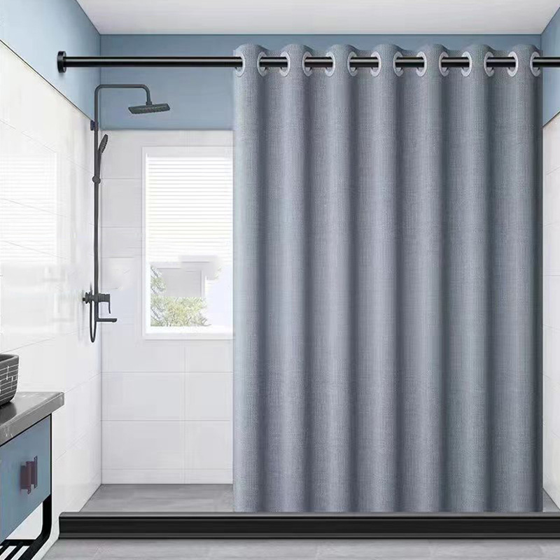 Roman Hole Shower Curtain Telescopic Rod Punch-Free Linen Shower Curtain Thickened Waterproof and Mildew-Proof Bathroom Curtain Covering Curtain