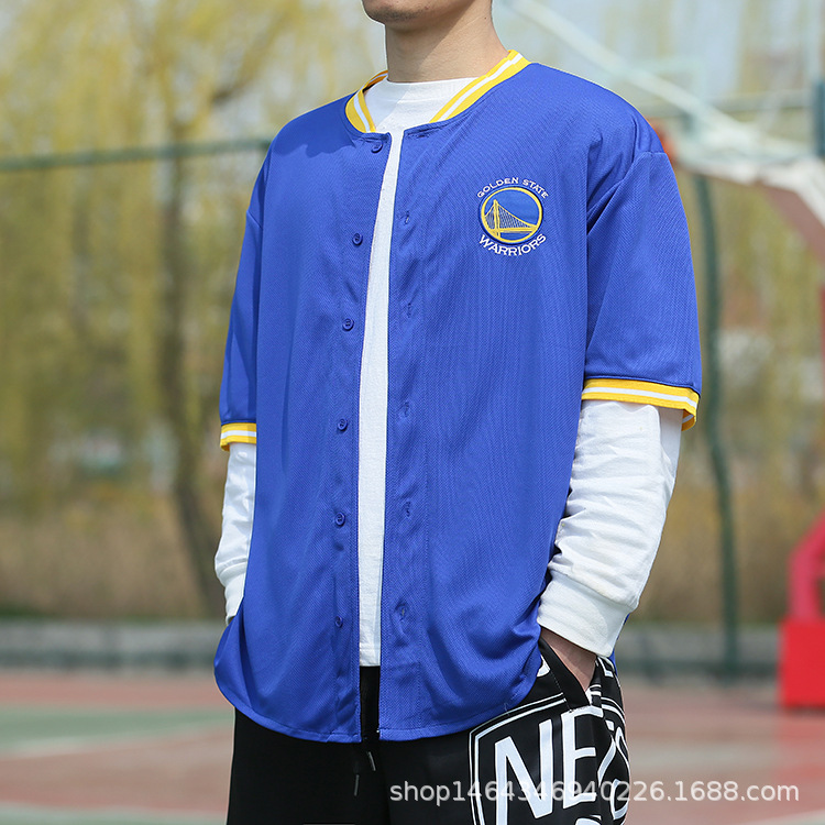 nba出场服湖人队短袖美式棒球服短袖勇士队篮网队纽扣短袖t恤