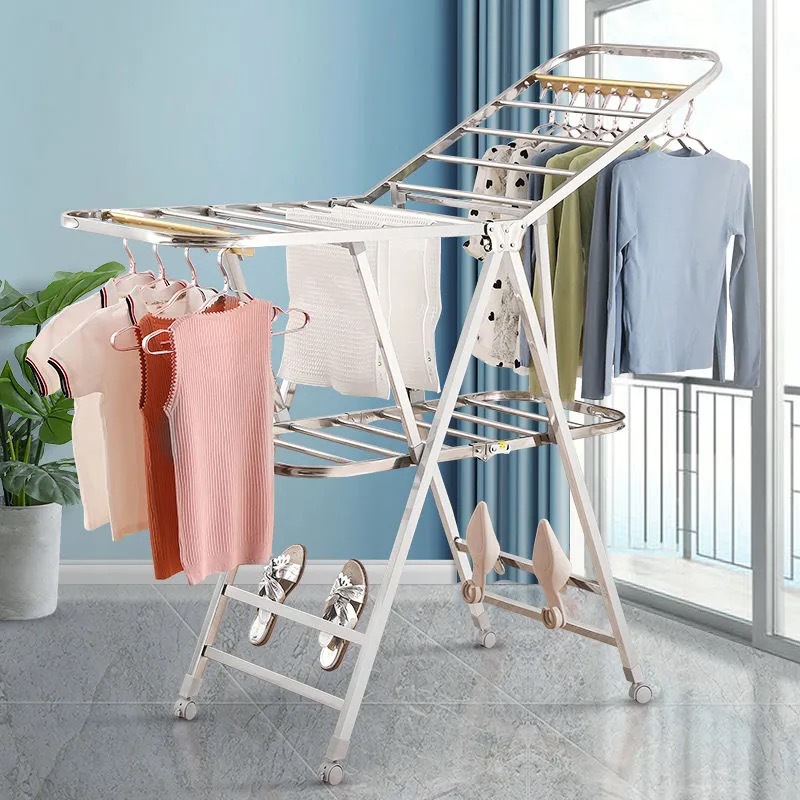 不锈钢晾衣家用架落地折叠卧室内晒衣杆凉阳台简易婴儿挂衣服架子