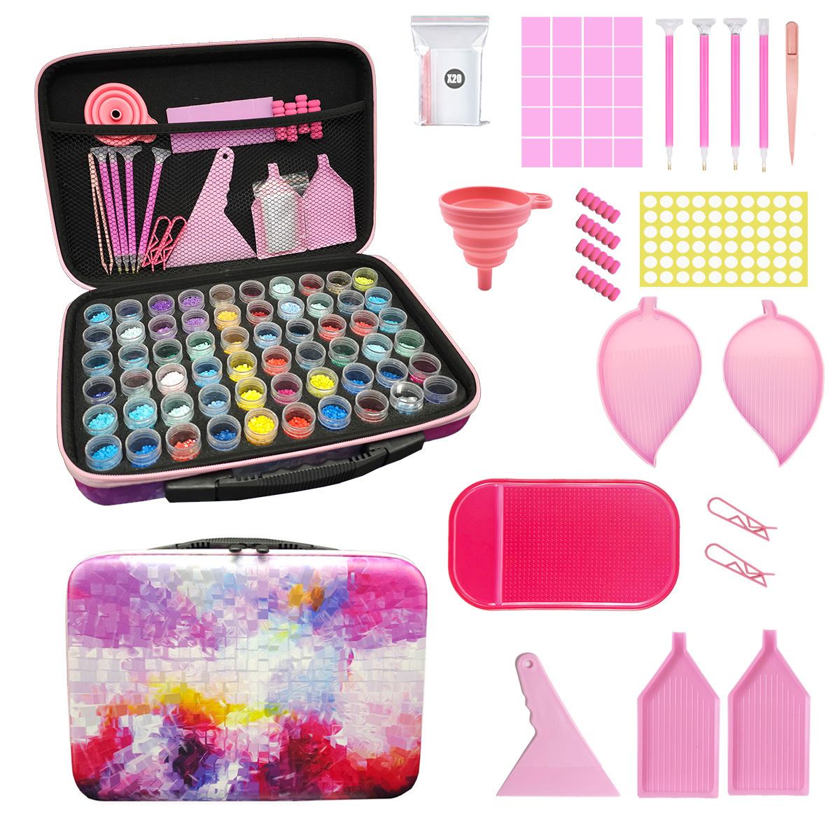 New Diamond Painting Tool Set Portable Storage Bag 60 Grid Packing Storage Bottle Pink 15 Ml High Bottle Printing