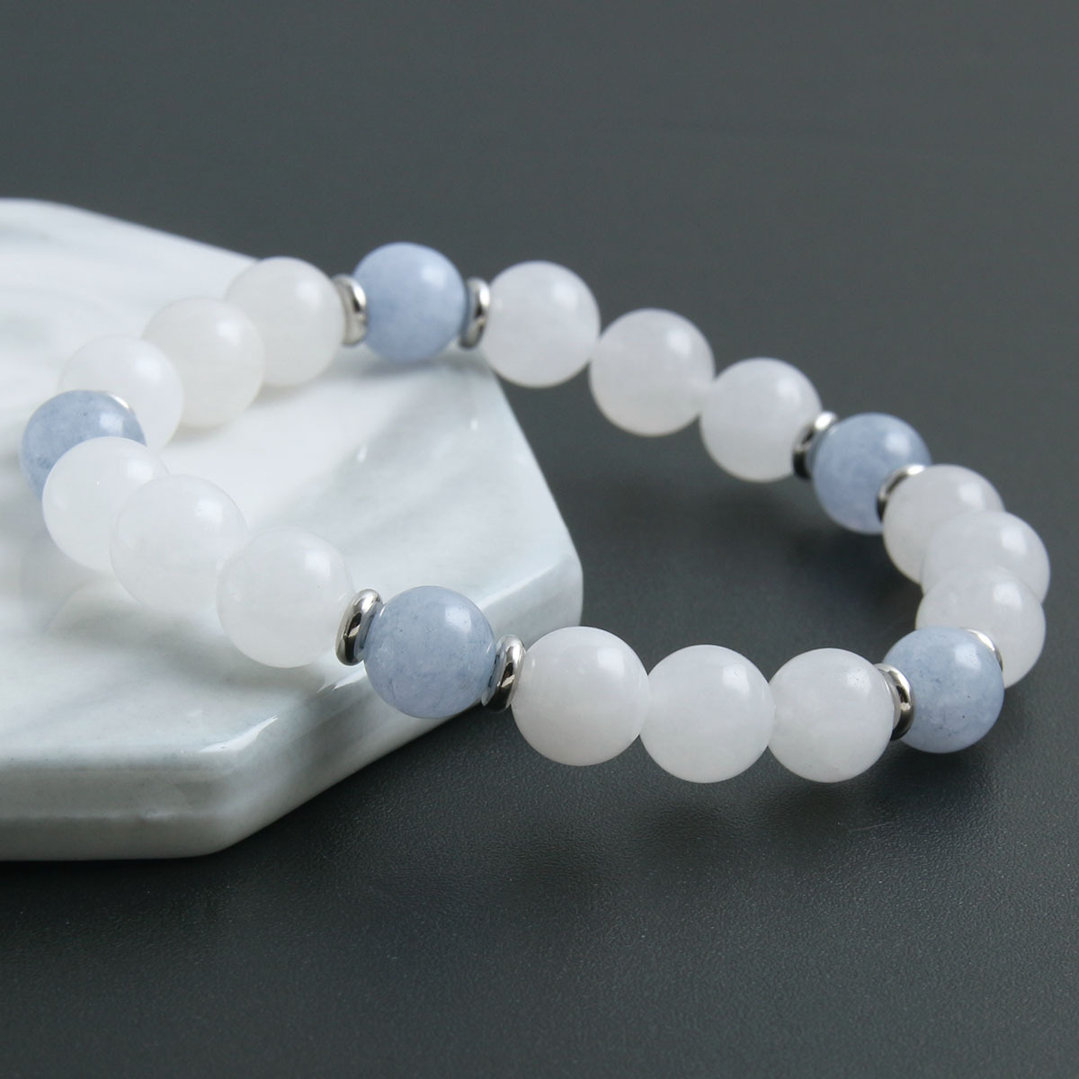 跨境新款时尚蓝白天然石拼色串珠手链手工弹力绳手串百搭手饰