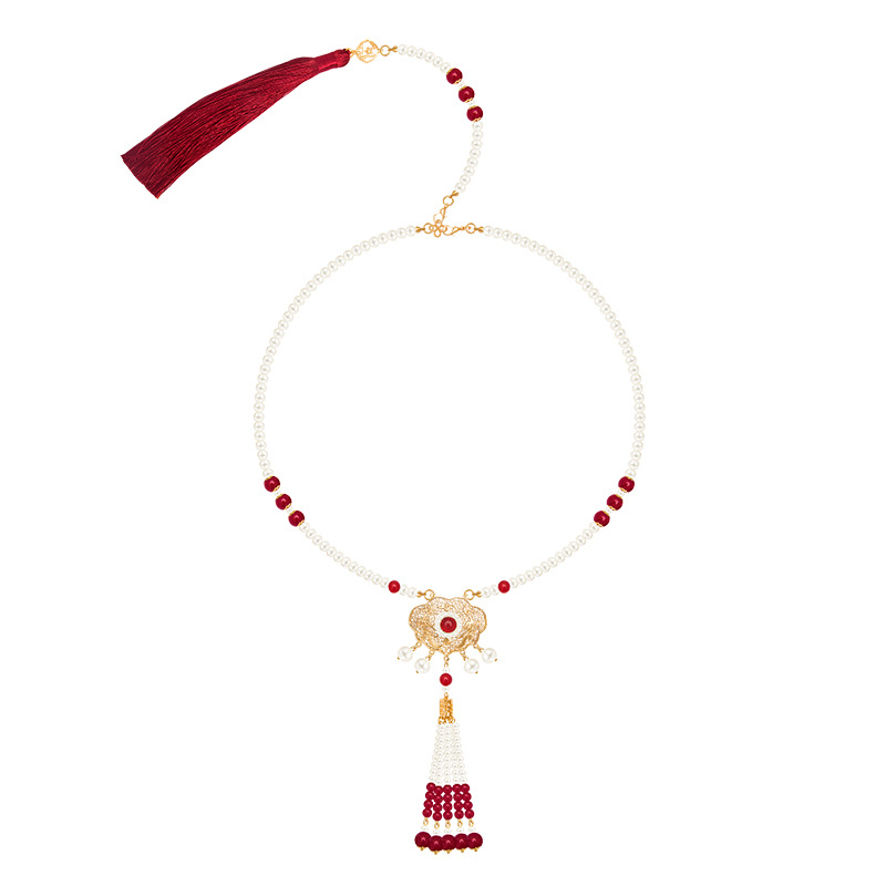 Ancient Style Long Vintage Pearl Pendant Hanfu Accessories Ming Long Tassel Back Cloud Necklace (Zn130)