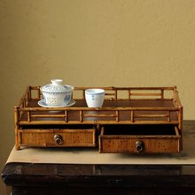 梅鹿竹制桌面茶棚茶道配件收纳盘带抽屉小茶台茶具展示架茶桌摆件