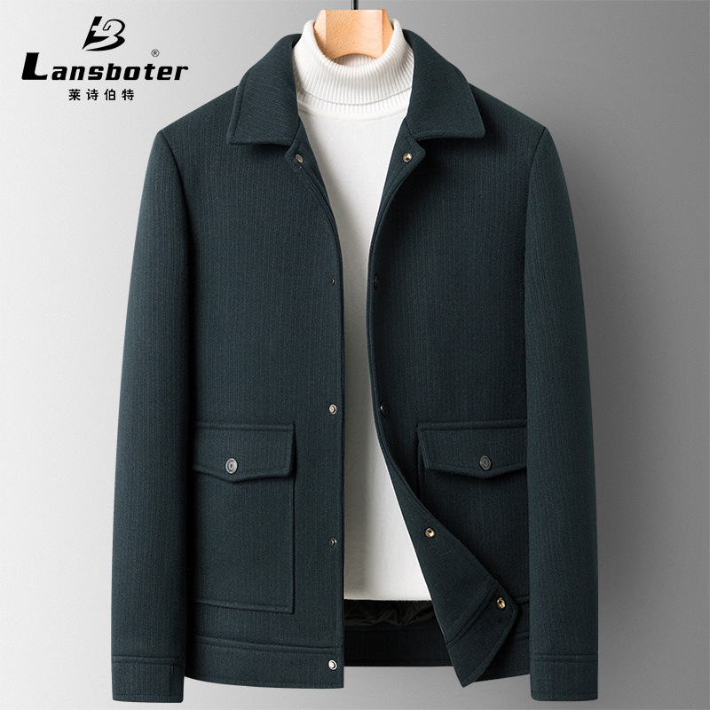 2022 Autumn and Winter New Pure Color All-Matching Lapel Men‘s Woolen Woolen Jacket plus Cotton Casual Jacket Coat