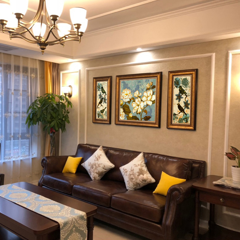 现代美式客厅装饰画沙发背景墙挂画三联乡村田园轻奢简美壁画墙画