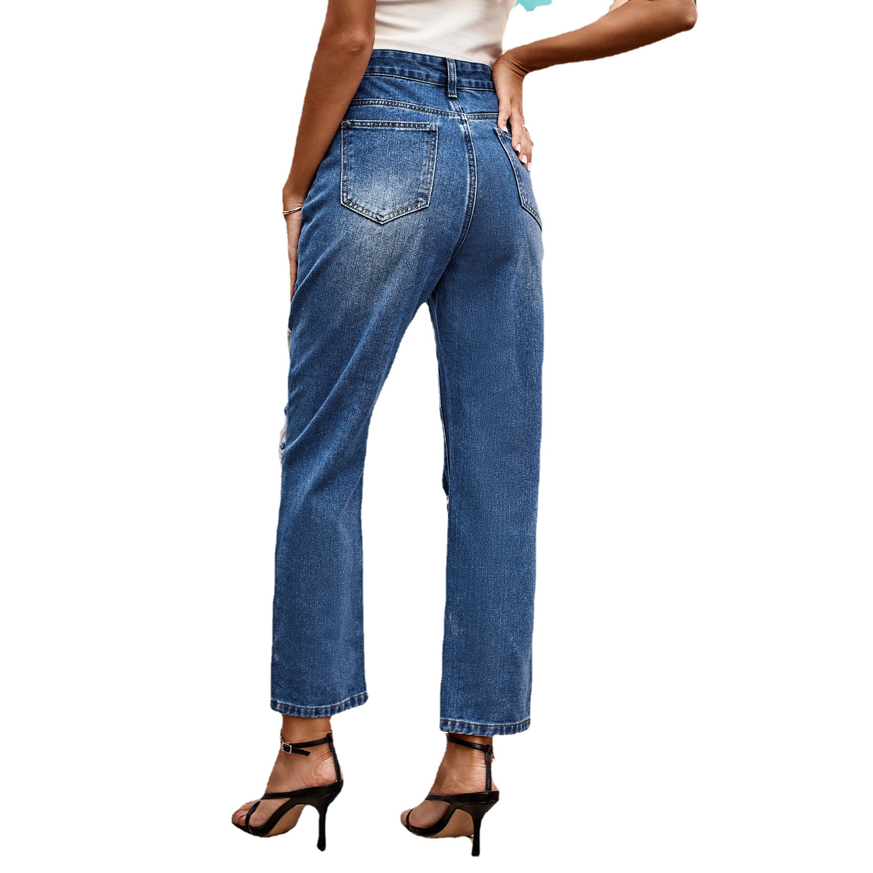 Wish Europe and America Cross Border Women's Clothing Amazon Independent Station New All-Match Wash Ripped Straight Denim (Ankle-Length Pants) Tide