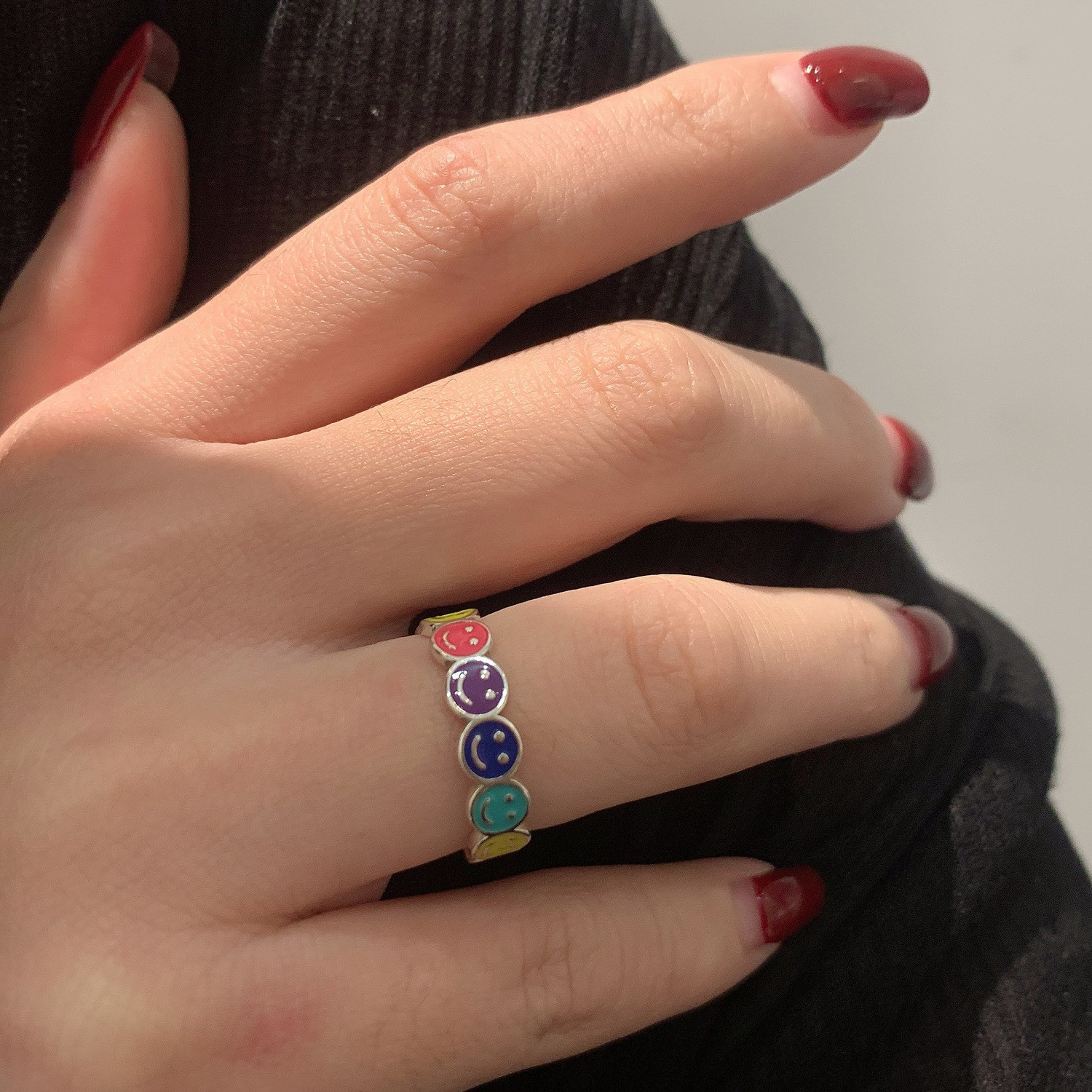Rainbow Smiley Ring Women's Fashion Temperament Personality S925 Silver Opening Ring Retro Hip Hop Creative Index Finger Ring Fashion
