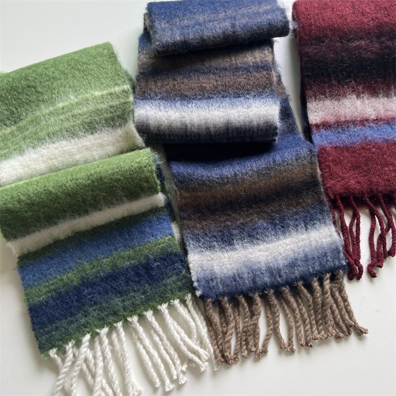 23 New Green Striped Mohair Scarf Female Winter Narrow Version Wine Red Alpaca Wool Shawl Couple Scarf